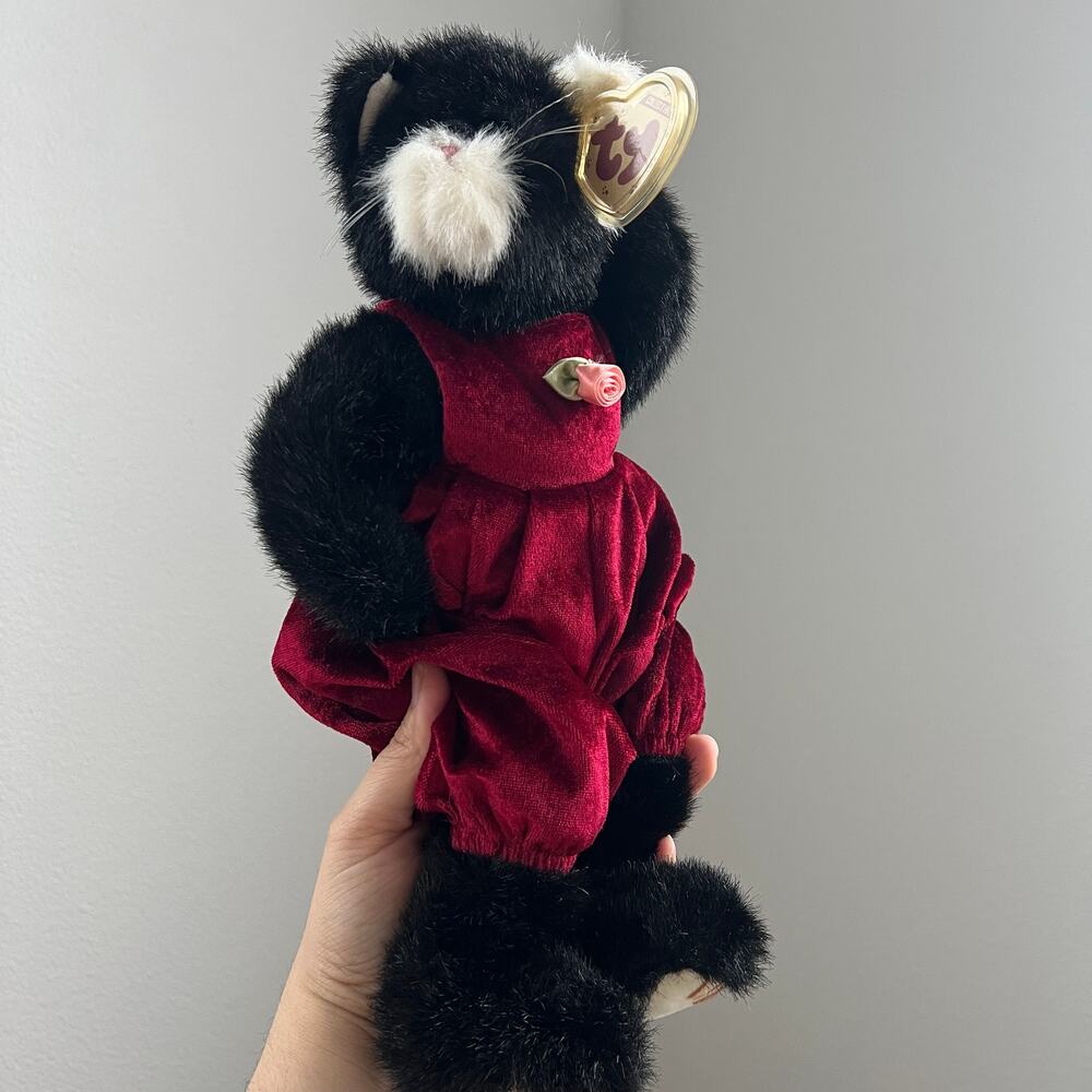 NWT Vintage 1993 Ty Beanies Attic Treasures Ebony The Cat 13" Plush Rose Detail